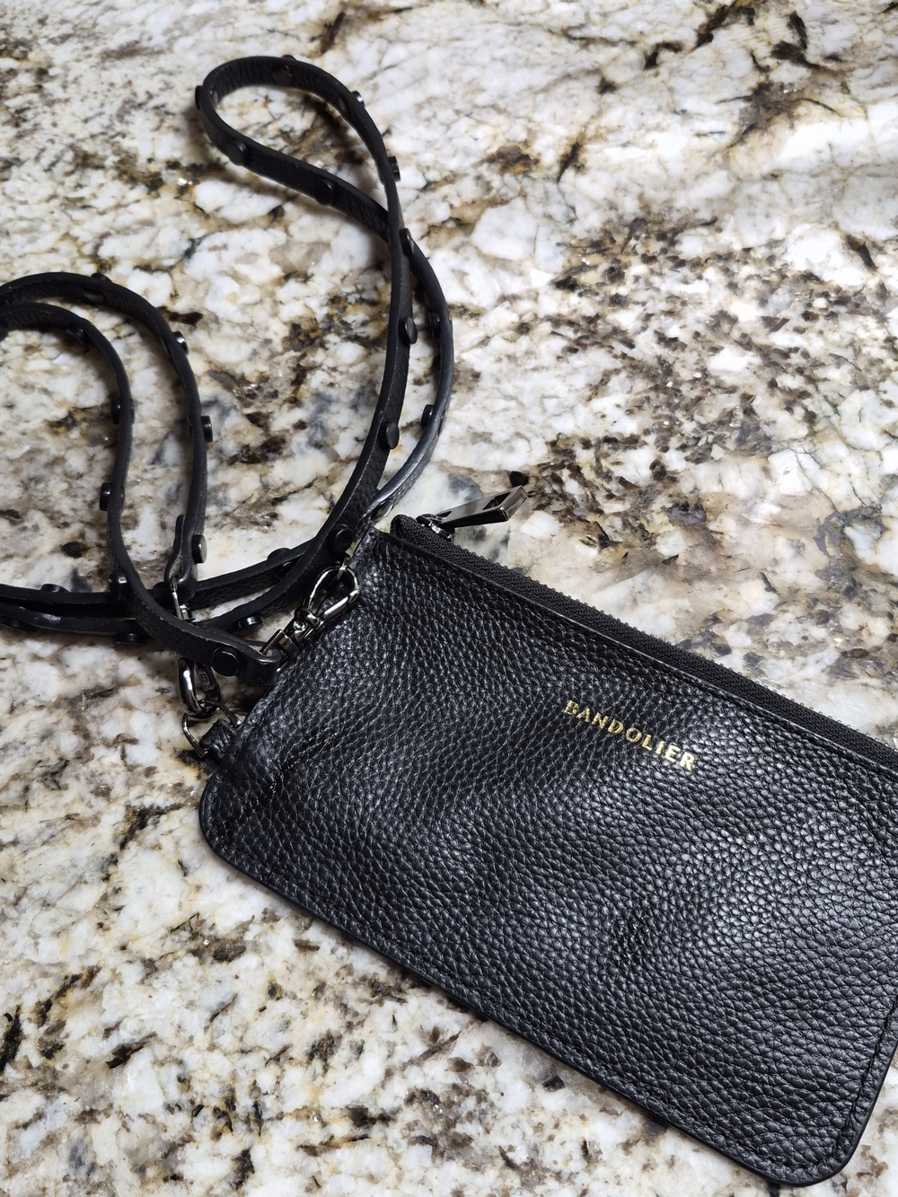 Bandolier Black Pebbled Leather Crossbody Zip Wallet